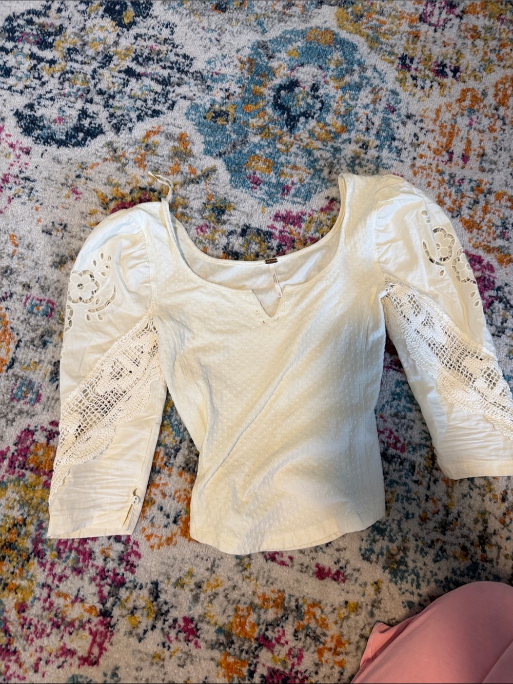 Free People Cream Eyelet Puff Sleeve Blouse
